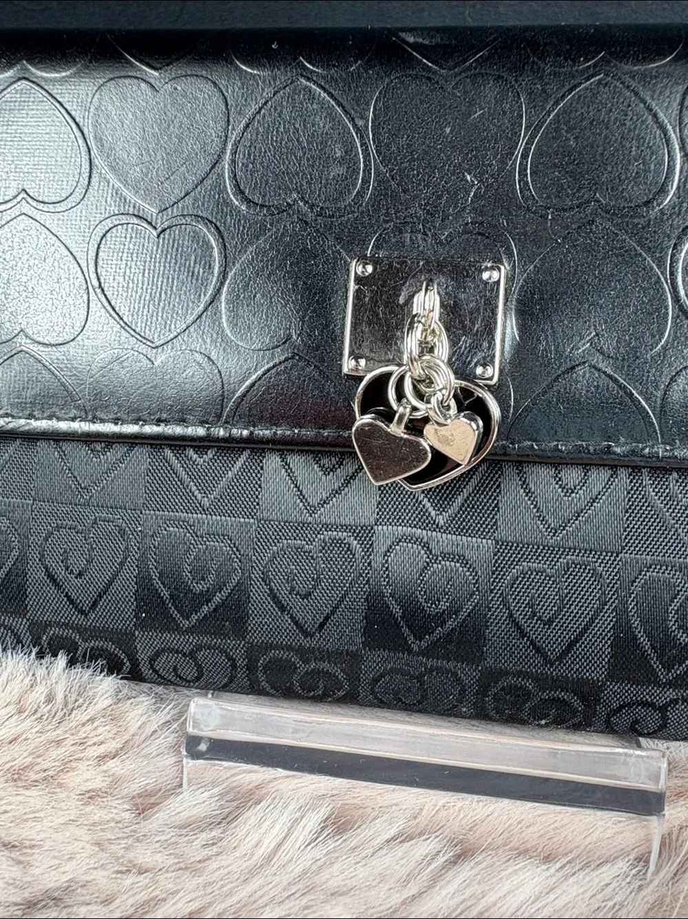 Black Heart Embossed Wristlet Clutch Wallet Heart Charm